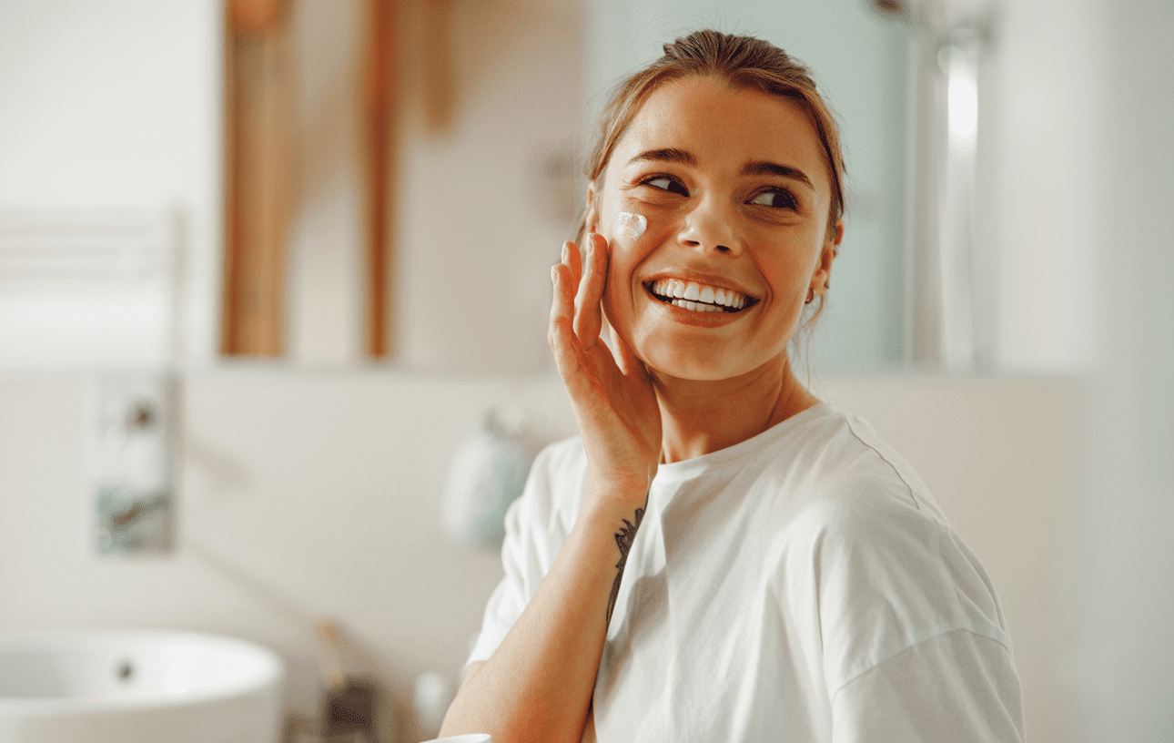 Skincare routine in bathroom setting