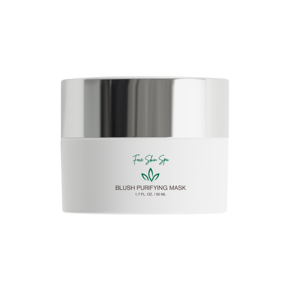 White box with the words "blush purifying mask 50ml" printed on it, set against a white background