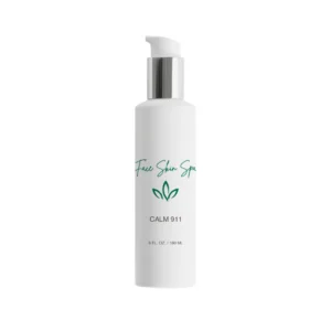 White bottle of calming herbal cleanser on a white background
